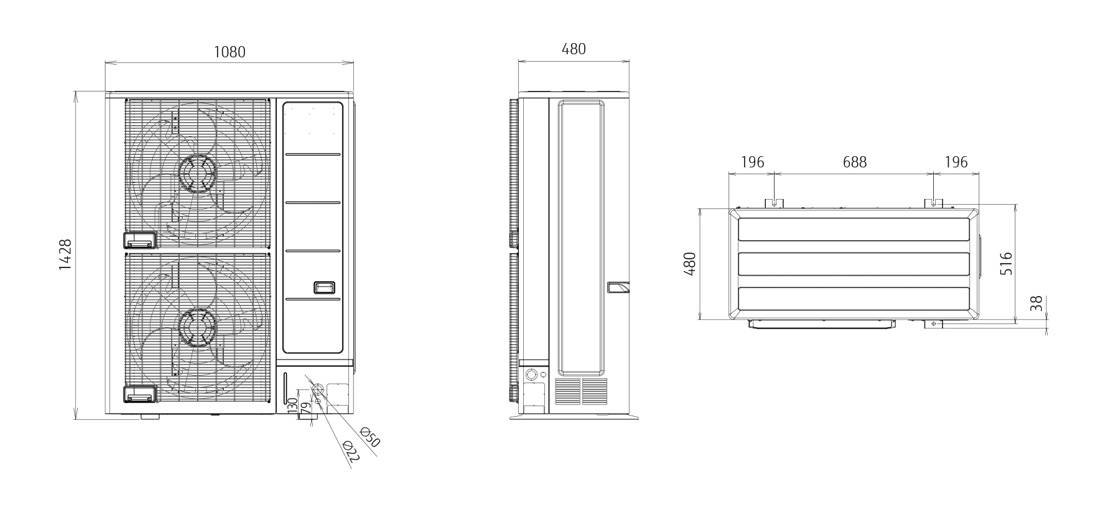 Dimensioni unità esterna: 1290 × 900 × 330 mm
