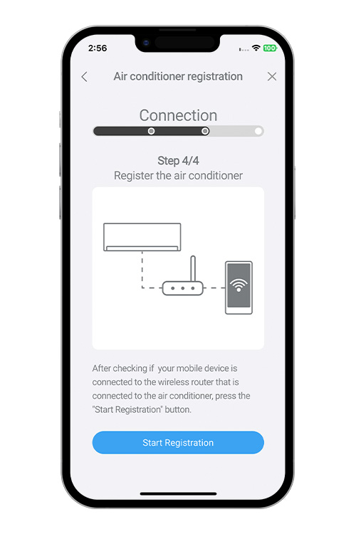 Premere [Avvia registrazione] sulla schermata dell'app per dispositivi mobili per avviare la connessione al router WLAN. Controllare che il dispositivo mobile sia collegato al router WLAN a cui è stato collegato il climatizzatore.