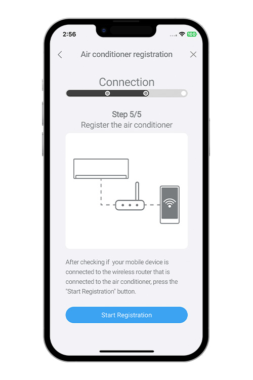 Premere [Avvia registrazione] sulla schermata dell'app per dispositivi mobili per avviare la connessione al router WLAN. Controllare che il dispositivo mobile sia collegato al router WLAN a cui è stato collegato il climatizzatore.