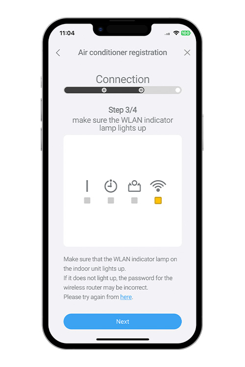 La spia WLAN sull'unità interna si accende.