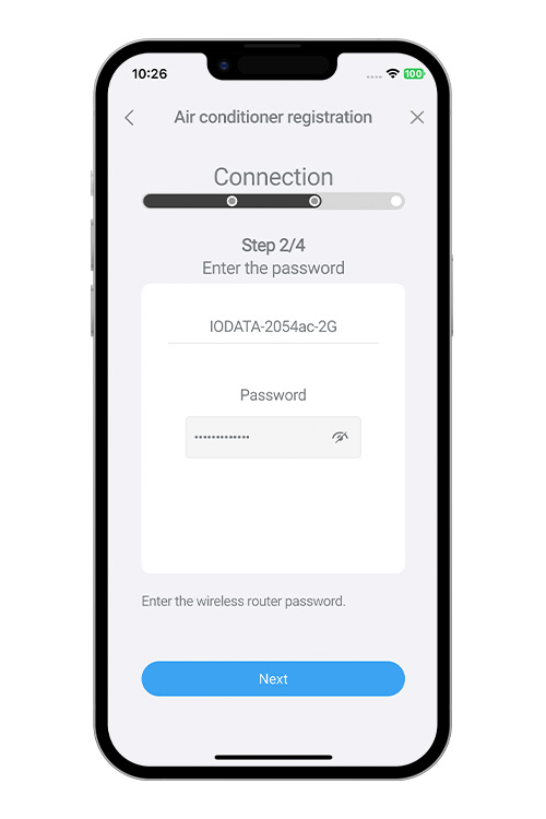 Selezionare [Next] (Avanti) sulla schermata dell'app per dispositivi mobili. Selezionare il punto di accesso WLAN a cui si sta effettuando la connessione. Inserire il punto di accesso WLAN e premere [Next] (Avanti).
